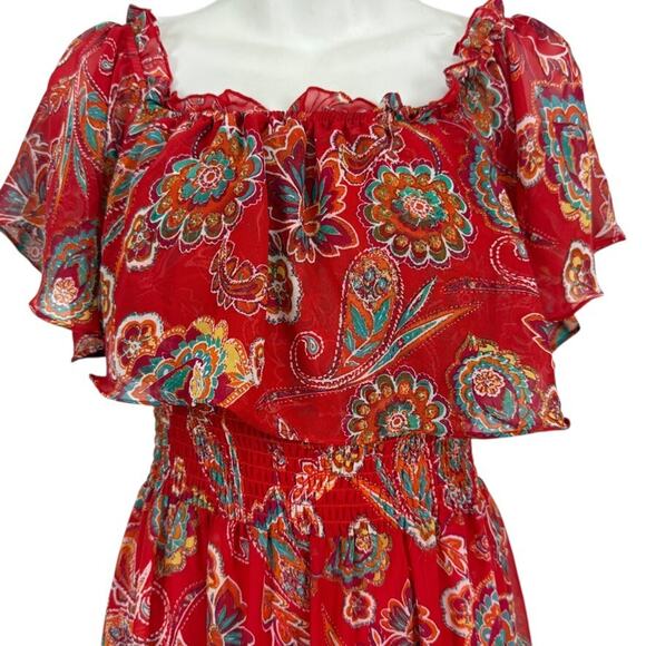 Rabbit Designs Womens Floral Red Maxi Ruffle Smocked Waist Peasant Dress NWT 10 - Picture 5 of 16